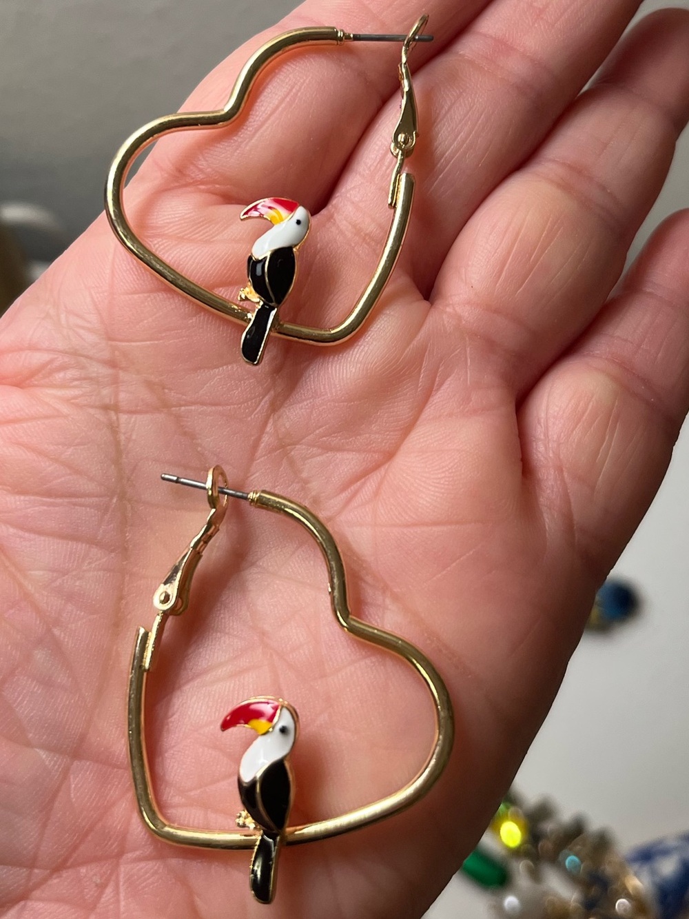 Toucan Heart Hoop Earrings Gold Tone Enamel Bird
